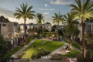 TALIA at The Valley by Emaar landscaped community garden with palm trees evening lighting and social seating areas in Dubai - Presented by Tohid Fetrat
