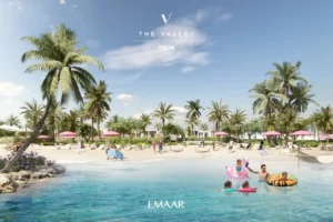 TALIA at The Valley by Emaar lagoon beach with palm trees sandy shore and family leisure activities in Dubai - Presented by Tohid Fetrat
