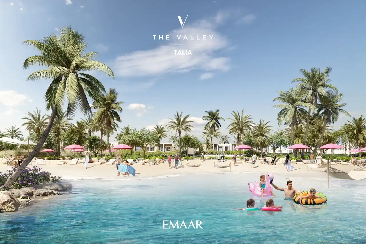 TALIA at The Valley by Emaar lagoon beach with palm trees sandy shore and family leisure activities in Dubai - Presented by Tohid Fetrat