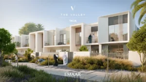 TALIA at The Valley by Emaar modern townhouse architecture with landscaped garden pathway and outdoor greenery in Dubai - Presented by Tohid Fetrat