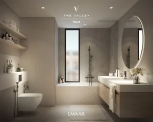 TALIA at The Valley by Emaar modern bathroom interior with bathtub vanity mirror and minimal design in Dubai - Presented by Tohid Fetrat