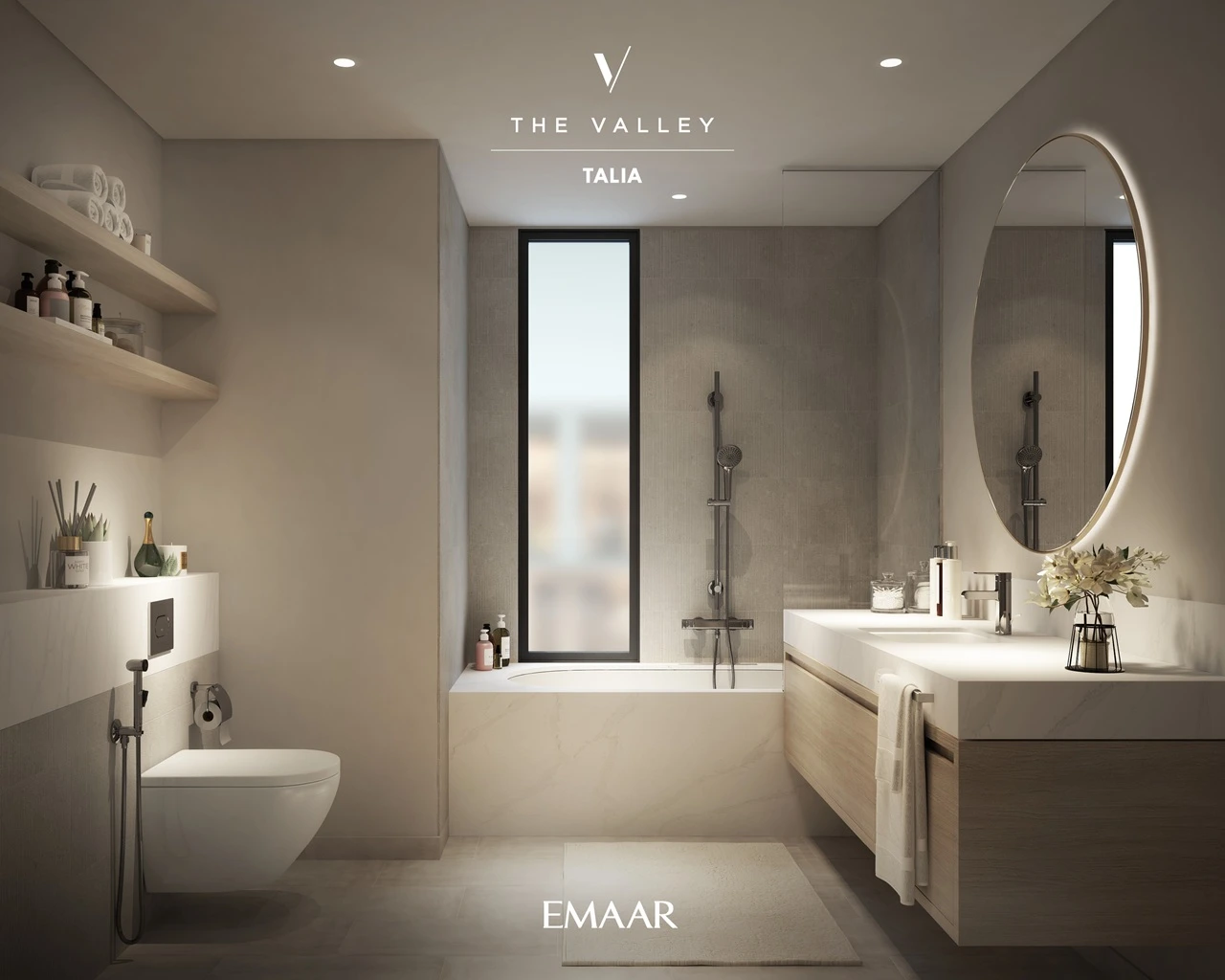 TALIA at The Valley by Emaar modern bathroom interior with bathtub vanity mirror and minimal design in Dubai - Presented by Tohid Fetrat