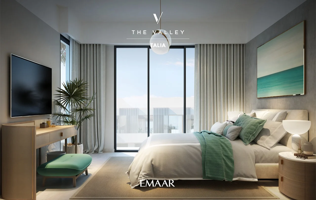 TALIA at The Valley by Emaar modern bedroom interior with large window soft neutral tones and contemporary furnishings in Dubai - Presented by Tohid Fetrat