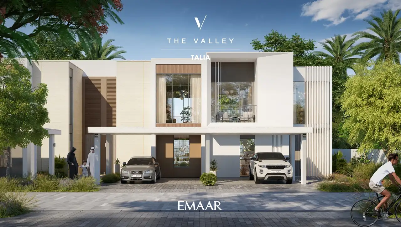 TALIA at The Valley by Emaar modern townhouse facade with large windows private driveway parking and landscaped surroundings in Dubai - Presented by Tohid Fetrat