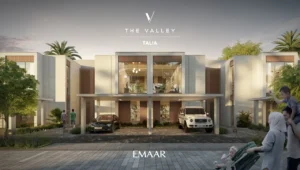 TALIA at The Valley by Emaar modern townhouse front facade with large glass windows private parking and landscaped surroundings in Dubai - Presented by Tohid Fetrat