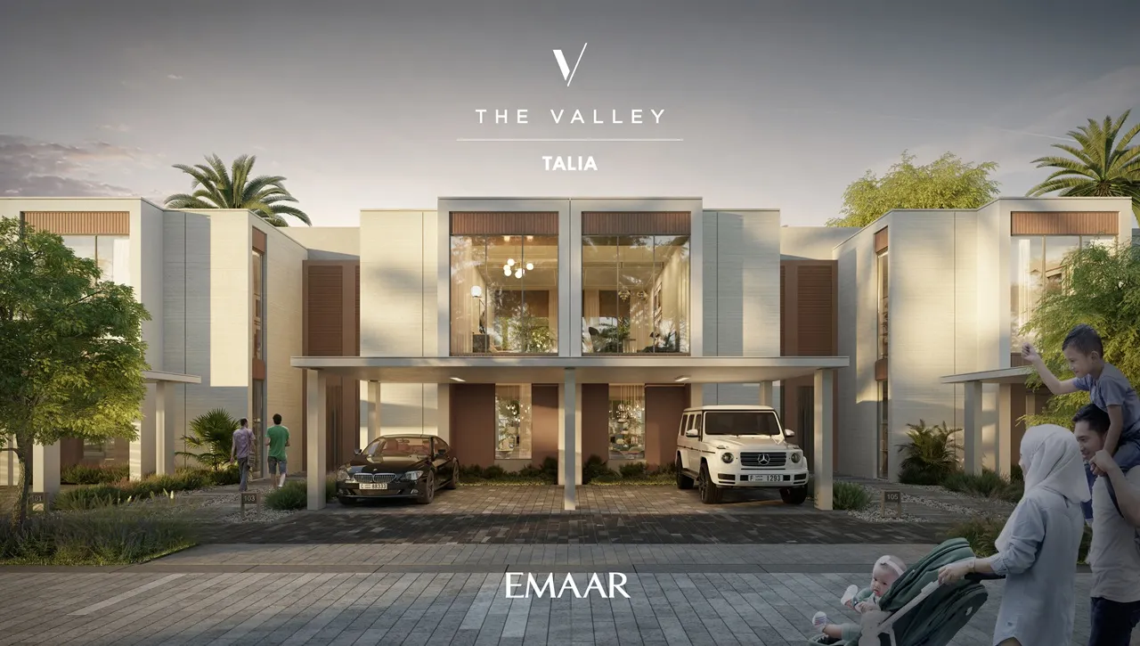 TALIA at The Valley by Emaar modern townhouse front facade with large glass windows private parking and landscaped surroundings in Dubai - Presented by Tohid Fetrat