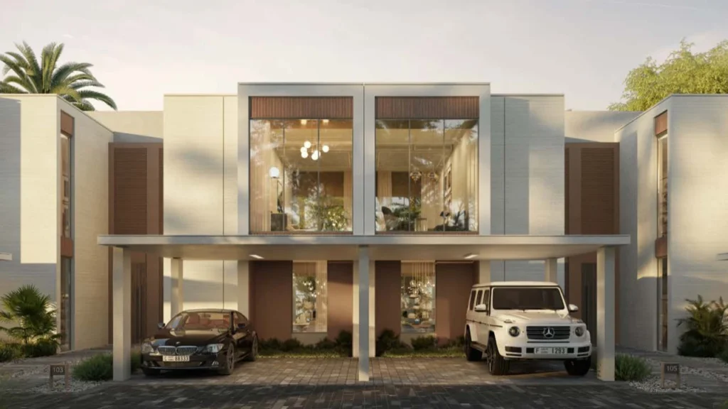 TALIA at The Valley by Emaar modern townhouse facade with symmetrical design large glass windows and covered parking in Dubai - Presented by Tohid Fetrat
