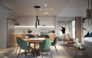 TALIA at The Valley by Emaar modern interior with open kitchen dining area wooden finishes and contemporary furniture in Dubai - Presented by Tohid Fetrat
