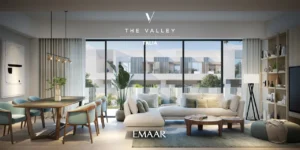 TALIA at The Valley by Emaar modern living room with open plan dining large windows and contemporary furniture in Dubai - Presented by Tohid Fetrat