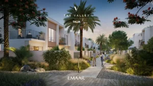 TALIA at The Valley by Emaar pedestrian pathway with landscaped gardens palm trees and modern townhouses in Dubai - Presented by Tohid Fetrat