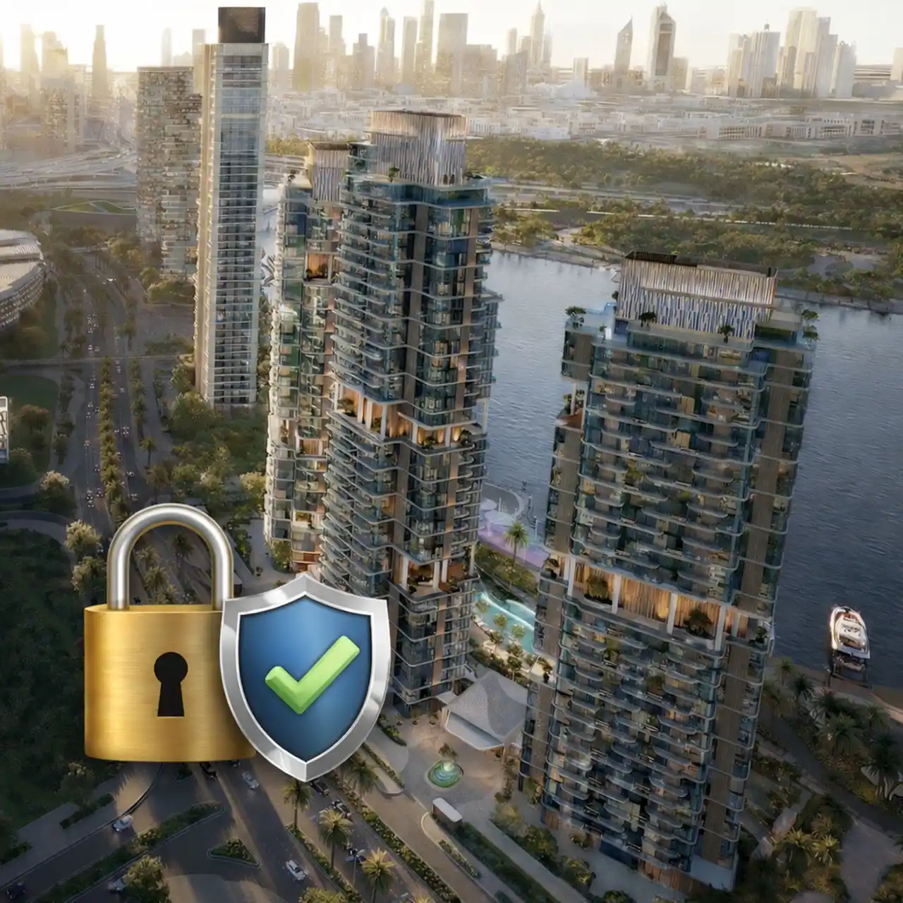 The Edit at d3 Escrow Account page showing waterfront residential towers with security lock and shield symbol for protected property investment in Dubai Presented by Tohid Fetrat