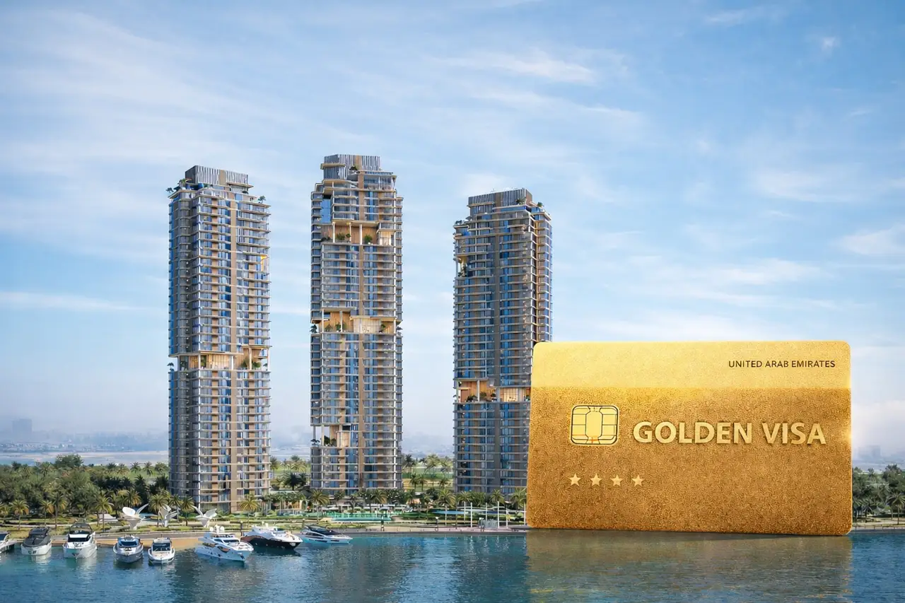 The Edit at d3 Golden Visa page with waterfront residential towers and golden visa card in Dubai Presented by Tohid Fetrat