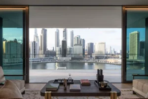 The Lana Residences Dorchester Collection by Omniyat 2 bedroom balcony view overlooking canal and Downtown skyline in Dubai - Presented by Tohid Fetrat
