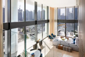 The Lana Residences Dorchester Collection by Omniyat 4 bedroom duplex with double height living area and full glass city view in Dubai - Presented by Tohid Fetrat