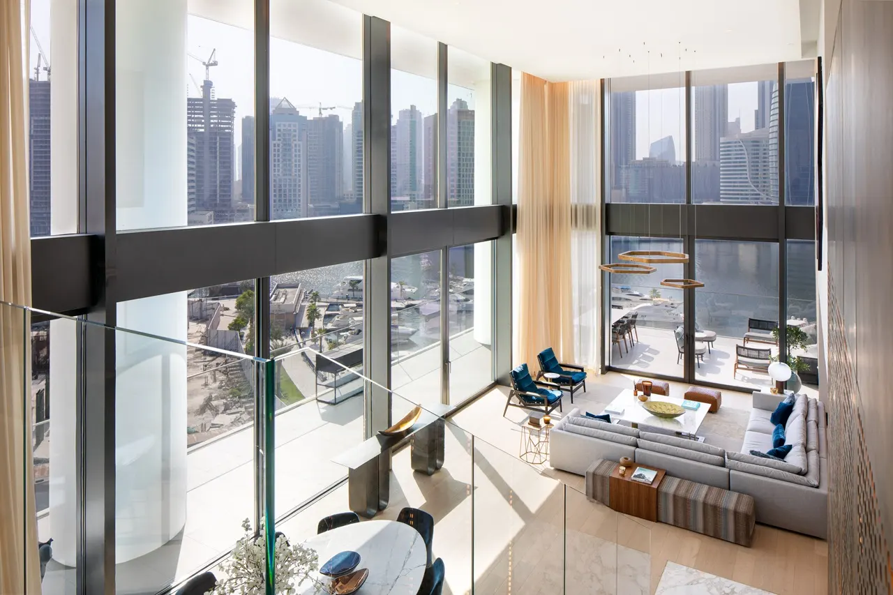 The Lana Residences Dorchester Collection by Omniyat 4 bedroom duplex with double height living area and full glass city view in Dubai - Presented by Tohid Fetrat