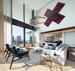 The Lana Residences Dorchester Collection by Omniyat 4 bedroom duplex double height living room with floor to ceiling windows and skyline views in Dubai - Presented by Tohid Fetrat