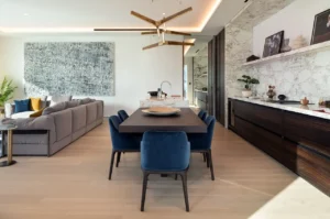The Lana Residences Dorchester Collection by Omniyat 4 bedroom duplex open plan dining and living area with marble kitchen and modern finishes in Dubai - Presented by Tohid Fetrat