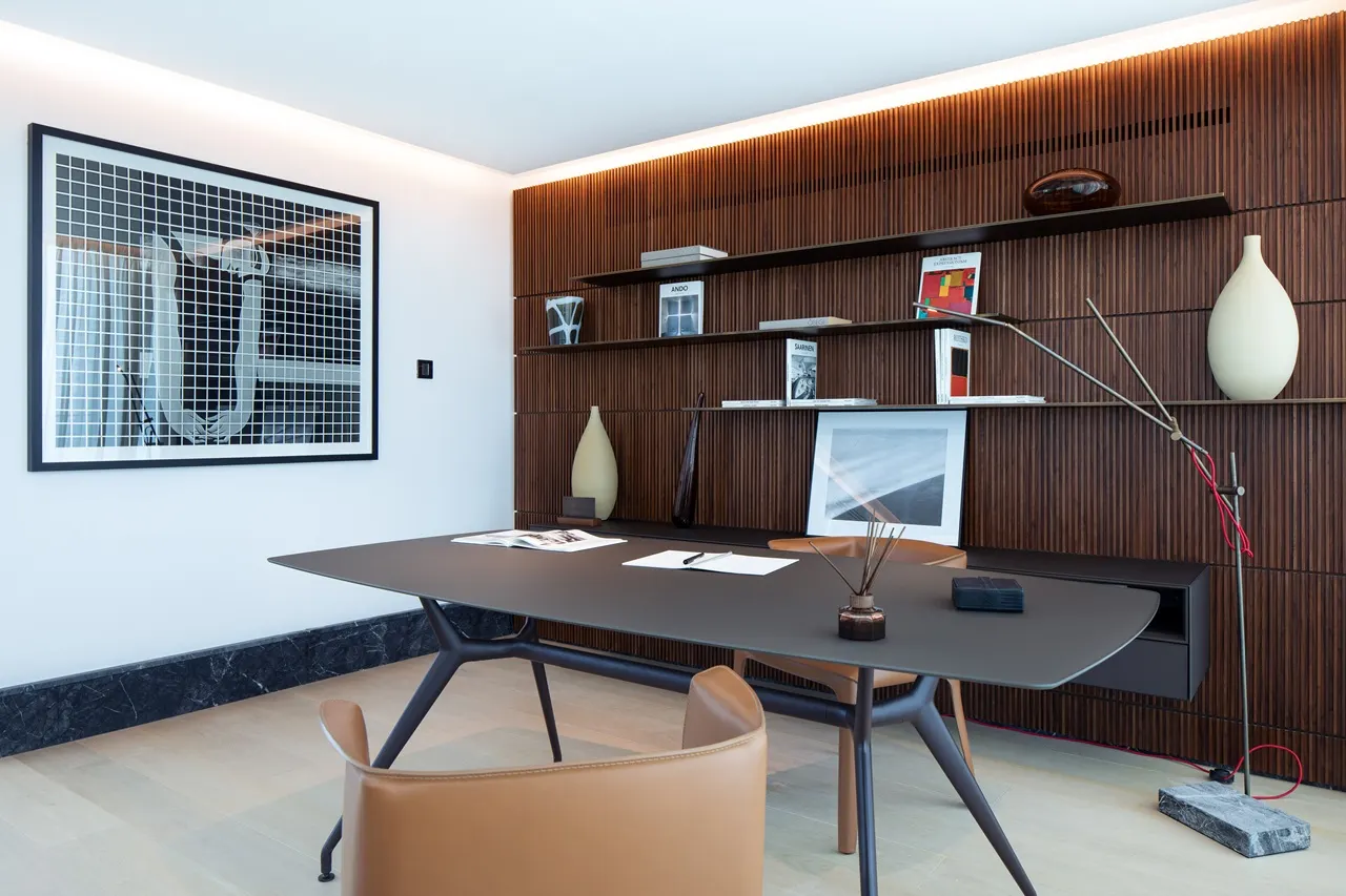 The Lana Residences Dorchester Collection by Omniyat 4 bedroom duplex private study office with wood paneling shelving and contemporary desk design in Dubai - Presented by Tohid Fetrat