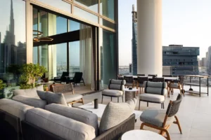 The Lana Residences Dorchester Collection by Omniyat 4 bedroom duplex with private terrace outdoor seating and skyline views in Dubai - Presented by Tohid Fetrat