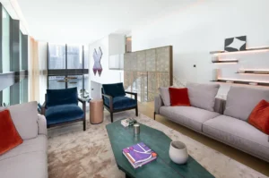 The Lana Residences Dorchester Collection by Omniyat 4 bedroom duplex upper lounge seating area with double height view in Dubai - Presented by Tohid Fetrat