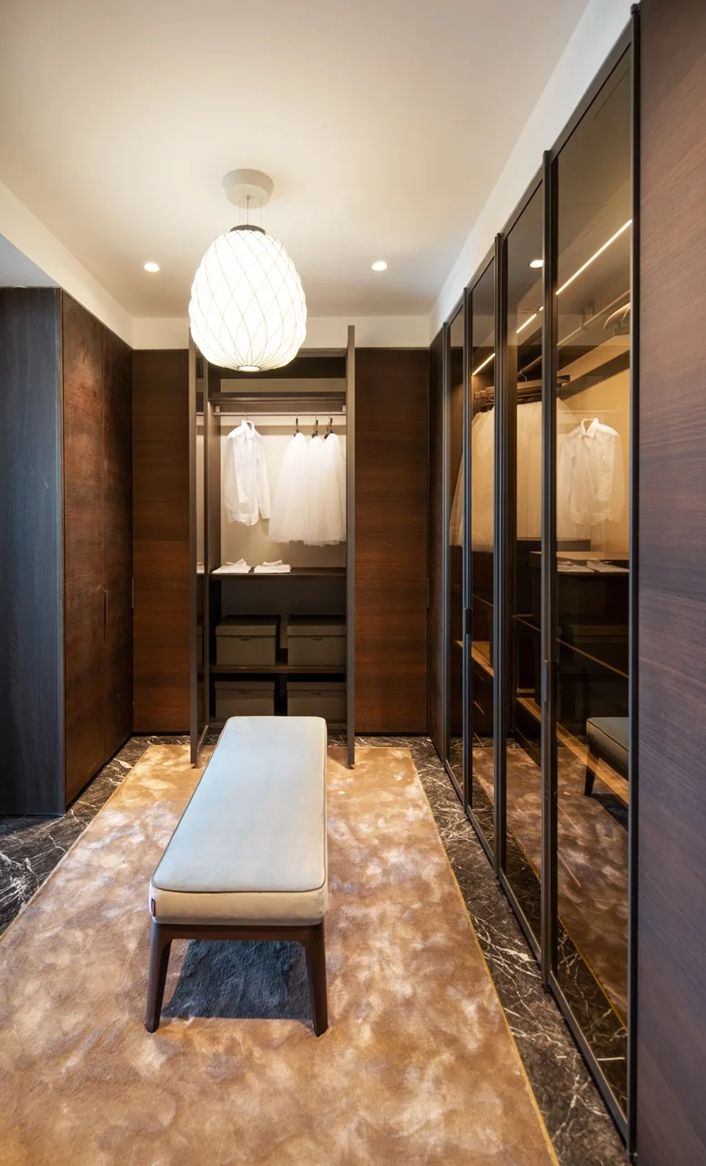 The Lana Residences Dorchester Collection by Omniyat 4 bedroom duplex walk in closet with glass wardrobes wood finishes and luxury storage design in Dubai - Presented by Tohid Fetrat