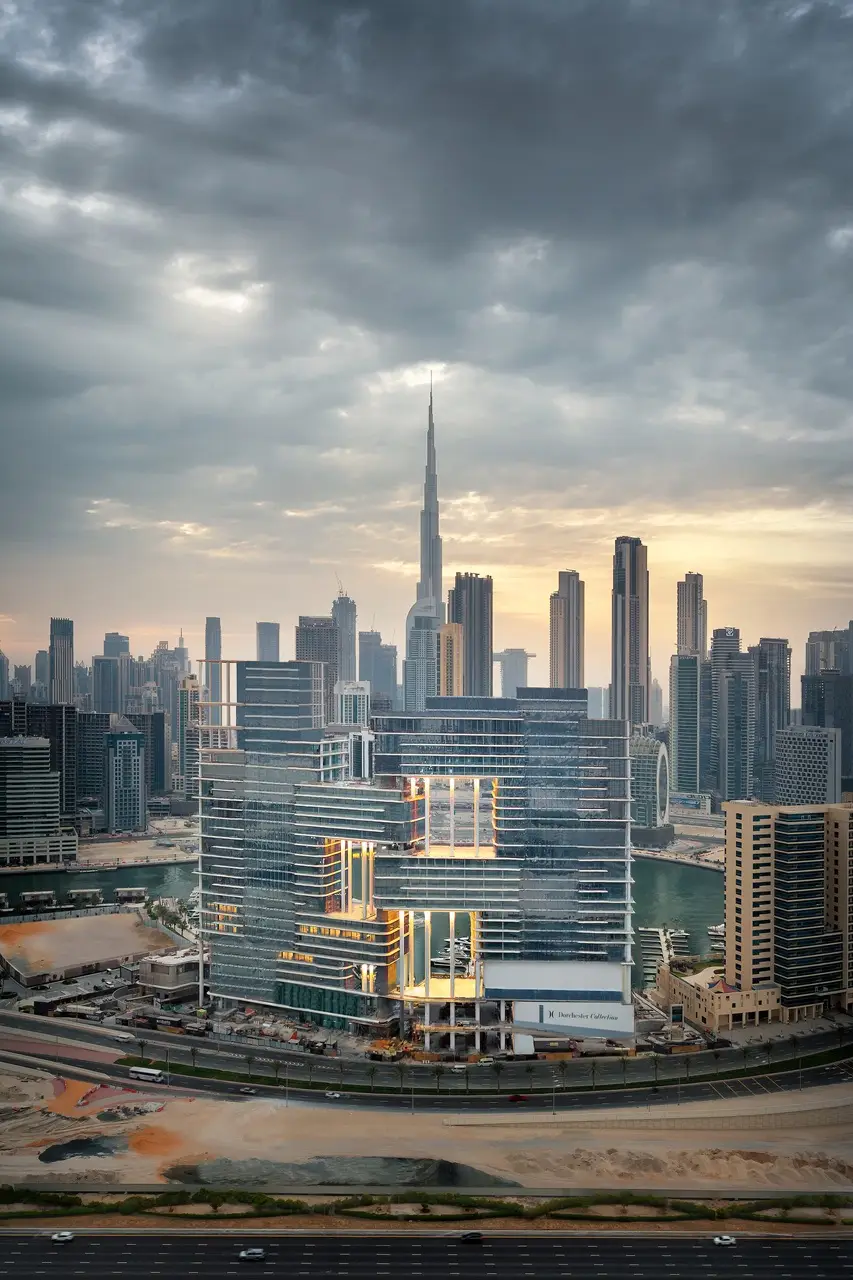 The Lana Residences Dorchester Collection by Omniyat with Downtown Dubai skyline and Burj Khalifa view under dramatic clouds in Dubai - Presented by Tohid Fetrat