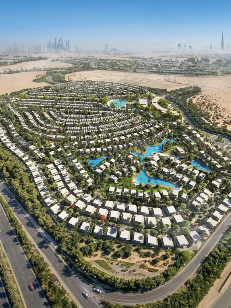 Tilal Binghatti Phase 1 by Binghatti aerial masterplan view of villa community with central lagoons landscaped layout and road network in Dubai - Presented by Tohid Fetrat