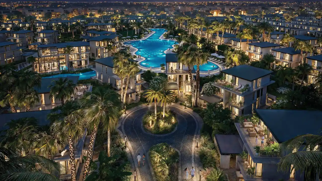 Tilal Binghatti Phase 1 by Binghatti aerial night view of villas surrounding illuminated lagoon with palm lined landscape and community lighting in Dubai - Presented by Tohid Fetrat