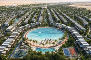 Tilal Binghatti Phase 1 by Binghatti aerial view of villas surrounding crystal lagoon with landscaped community and amenities in Dubai - Presented by Tohid Fetrat