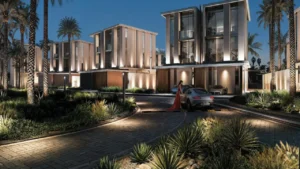 Tilal Binghatti Phase 1 by Binghatti modern luxury villa exteriors at night with illuminated facades private driveway and landscaped surroundings in Dubai - Presented by Tohid Fetrat
