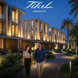 Tilal Binghatti Phase 1 by Binghatti modern villa exterior with illuminated facades and landscaped walkway at night in Dubai - Presented by Tohid Fetrat