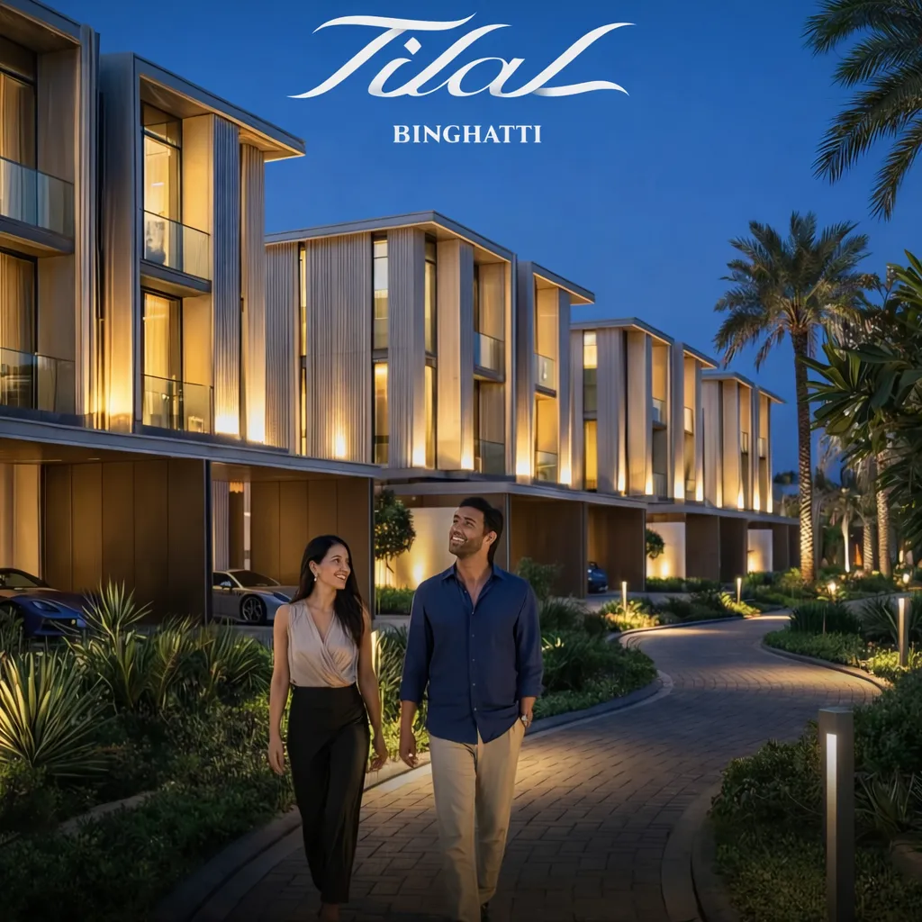 Tilal Binghatti Phase 1 by Binghatti modern villa exterior with illuminated facades and landscaped walkway at night in Dubai - Presented by Tohid Fetrat