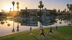 Tilal Binghatti Phase 1 by Binghatti residents practicing yoga by the lagoon at sunset with modern villas and palm trees in Dubai - Presented by Tohid Fetrat