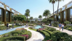 Tilal Binghatti Phase 1 by Binghatti landscaped park with water feature walking paths and modern villas in Dubai - Presented by Tohid Fetrat