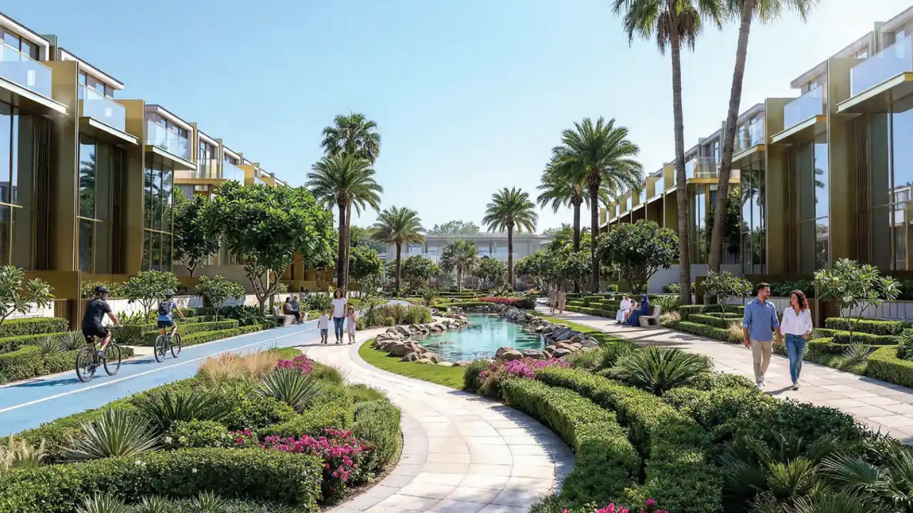 Tilal Binghatti Phase 1 by Binghatti landscaped park with water feature walking paths and modern villas in Dubai - Presented by Tohid Fetrat