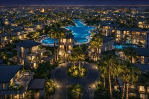 Tilal Binghatti Phase 1 by Binghatti night view of villas around illuminated lagoon with palm lined streets and landscaped community in Dubai - Presented by Tohid Fetrat
