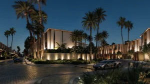 Tilal Binghatti Phase 1 by Binghatti modern villas at night with illuminated facades palm lined streets and landscaped surroundings in Dubai - Presented by Tohid Fetrat