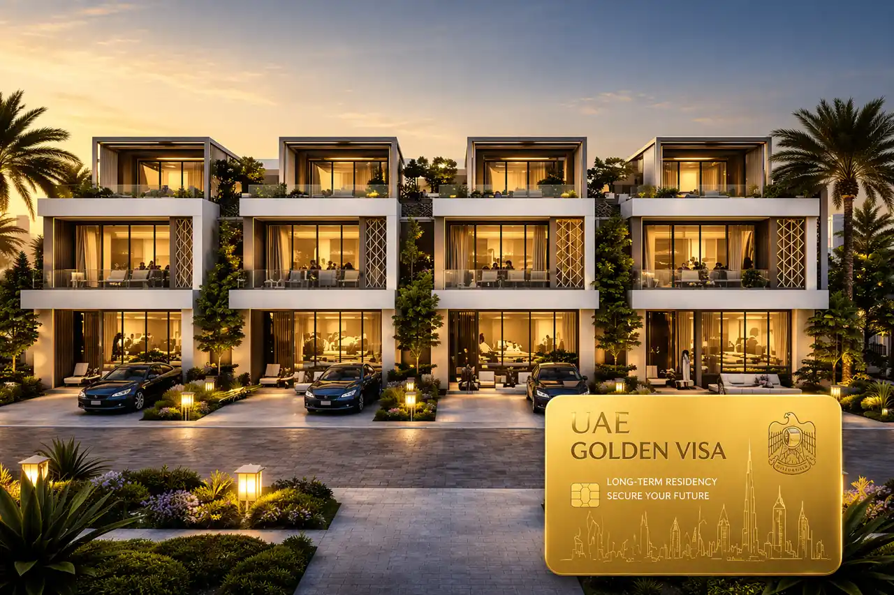 Dubai Golden Visa through Tilal Binghatti Phase 1 villas showing modern luxury villa residences with private parking and landscaped surroundings in Dubai Presented by Tohid Fetrat