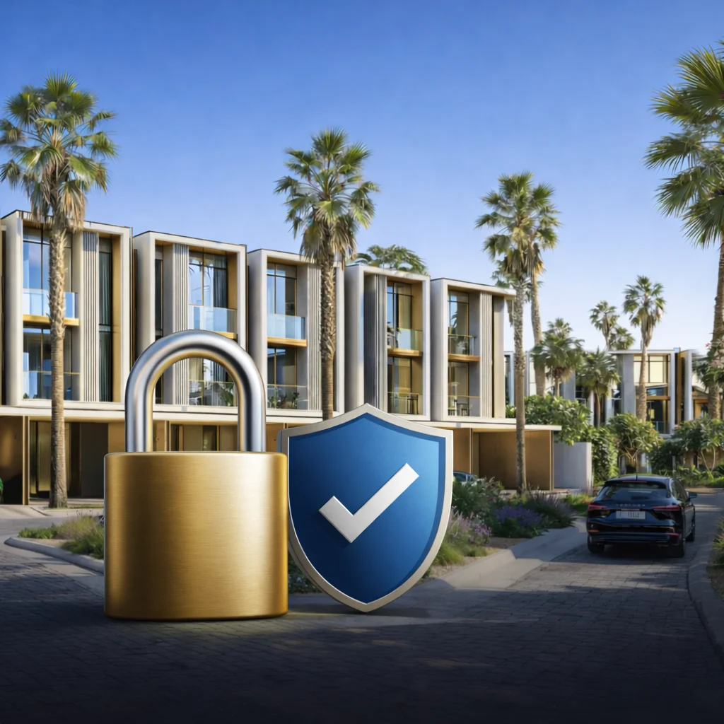 Escrow account protection for Tilal Binghatti Phase 1 villas showing modern luxury villa residences with security lock and shield symbol in Dubai Presented by Tohid Fetrat