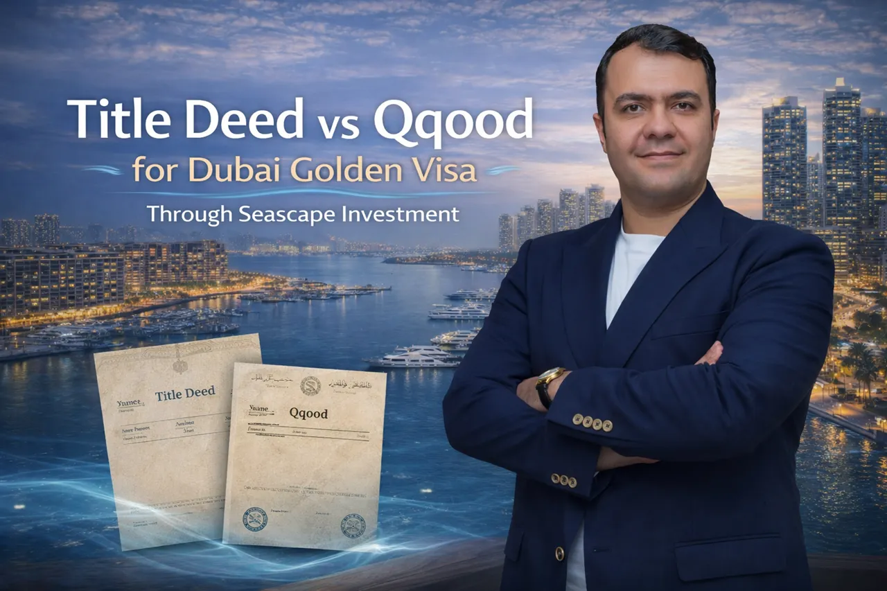 Title Deed vs Oqood for Dubai Golden Visa through Seascape investment with marina view and ownership documents Presented by Tohid Fetrat