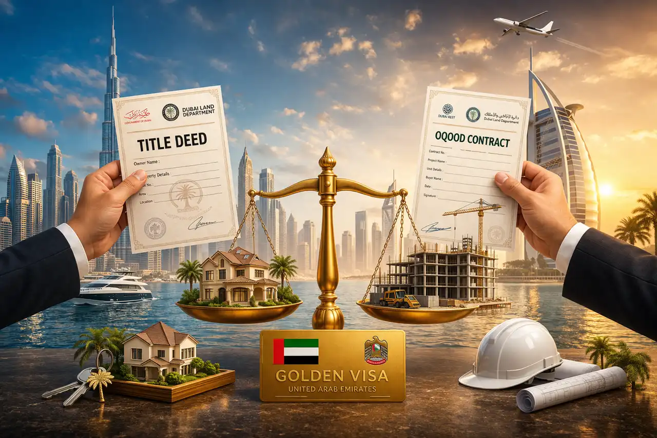 Title Deed vs Oqood for Dubai Golden Visa visual showing Dubai property documents, ownership comparison, off plan construction, completed home and Golden Visa concept. Presented by Tohid Fetrat