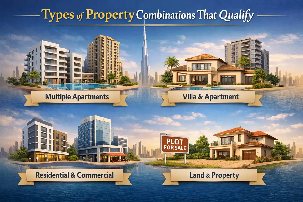 Types of Property Combinations That Qualify for Dubai Golden Visa showing multiple apartments, villa and apartment, residential and commercial, and land with property options. Presented by Tohid Fetrat