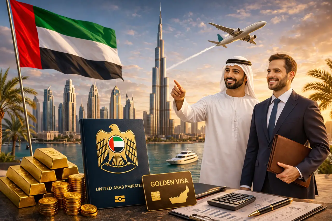 UAE Golden Visa for Investors visual showing Dubai skyline, investor meeting, UAE passport, Golden Visa card, gold assets and investment opportunity. Presented by Tohid Fetrat