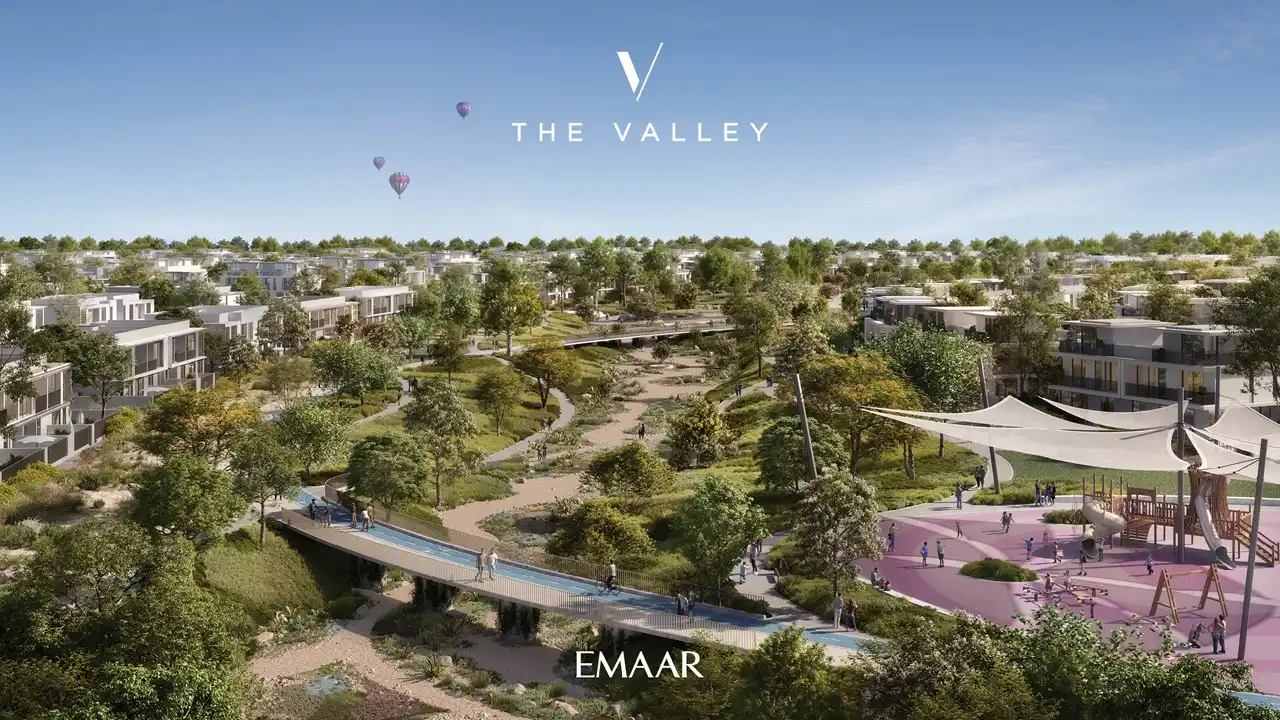 Velora The Valley by Emaar master community view with landscaped parks cycling bridge and family play area in Dubai - Presented by Tohid Fetrat