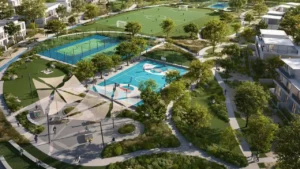 Velora The Valley by Emaar sports amenities with basketball court tennis courts football field and landscaped pathways in Dubai - Presented by Tohid Fetrat