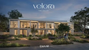 Velora The Valley by Emaar townhouse evening exterior overlooking landscaped garden spaces in Dubai - Presented by Tohid Fetrat