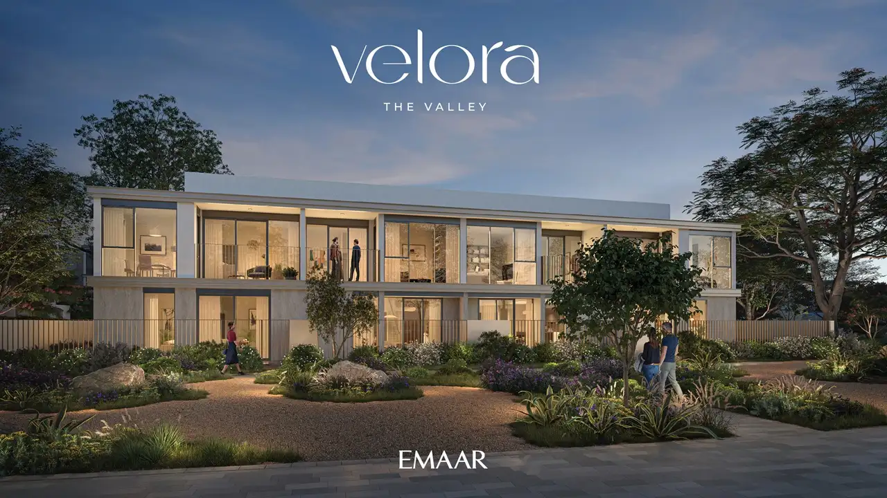 Velora The Valley by Emaar townhouse evening exterior overlooking landscaped garden spaces in Dubai - Presented by Tohid Fetrat