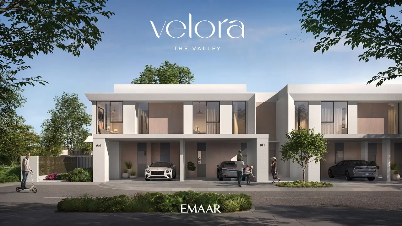Velora The Valley by Emaar contemporary townhouse front elevation with covered parking in Dubai - Presented by Tohid Fetrat