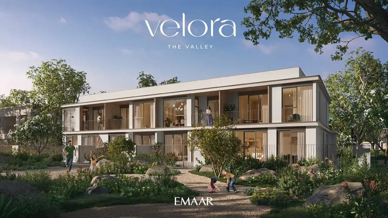 Velora The Valley by Emaar contemporary townhouse exterior overlooking landscaped gardens in Dubai - Presented by Tohid Fetrat