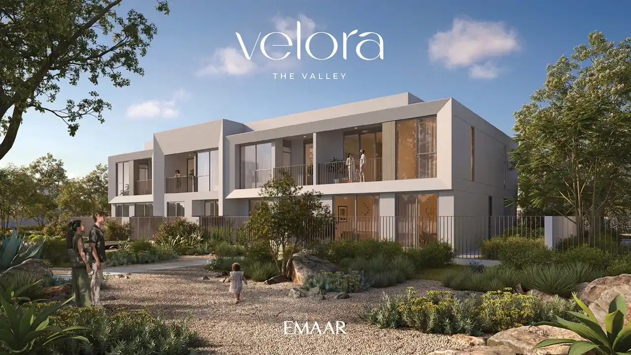 Velora The Valley by Emaar modern townhouse exterior overlooking landscaped garden spaces in Dubai - Presented by Tohid Fetrat